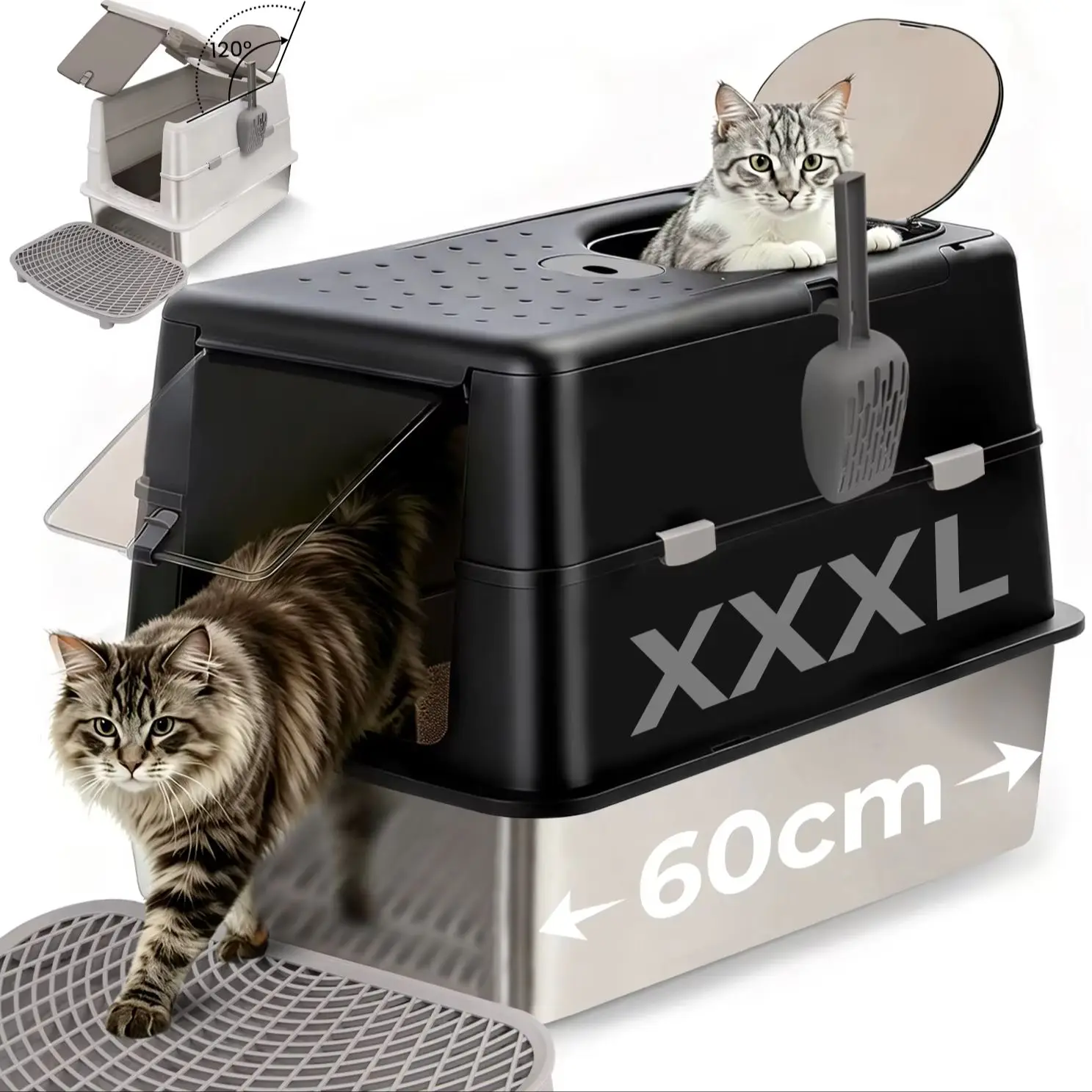 XXL Edelstahl Katzentoilette mit Deckel - 60x43x40cm Großes Katzenklo geschlossen, 120° Klappdeckel, Auslaufsicher für Stehpinkler & Große Katzen, inkl. Streu-Treppe & Schaufel