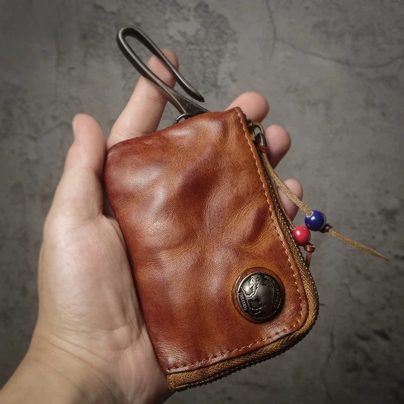 NUKA Top skóra bydlęca torby na kluczyki do samochodu mężczyźni kobiety Vintage zamek błyskawiczny portmonetka portfel z prawdziwej skóry Card Holder ‌ Organizator domu gospodyni — zdjęcie 2