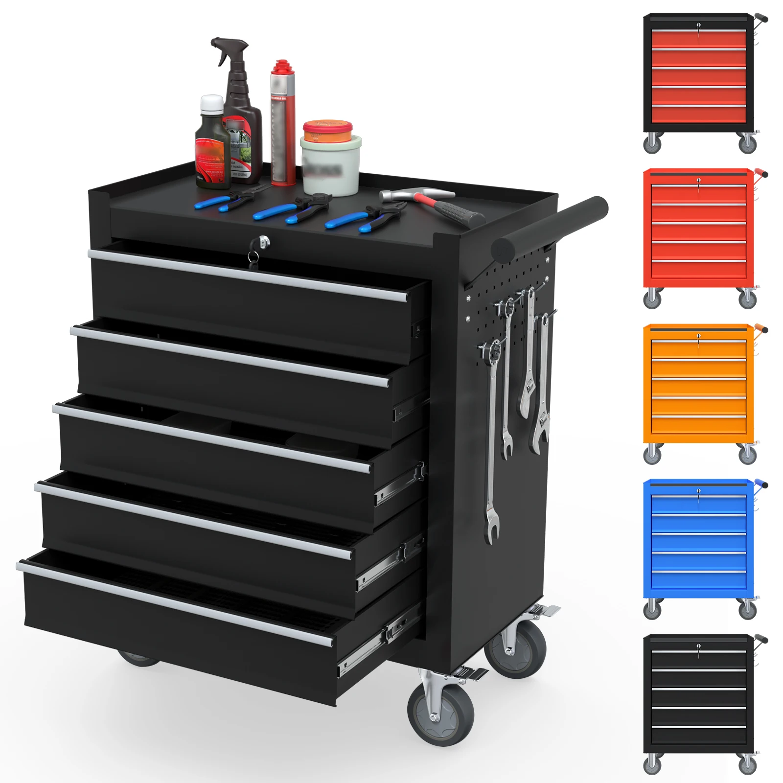 

Тележка для инструментов с 5 ящиками, усиленная, на колесах с фиксаторами, с выдвижными направляющими на шарикоподшипниках, для гаража и мастерской