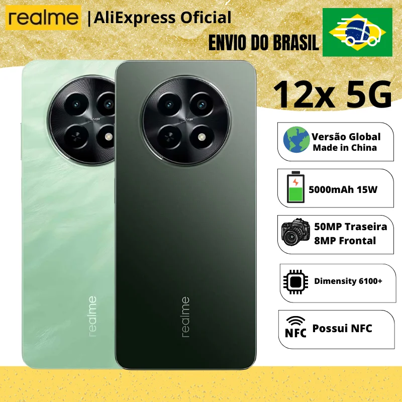 Celular Realme 12x 5G 256/8GB| Envio do Brasil | Smartphone 5G, ROM Global, Processador Dimensity 6100 Plus, Carregador 15W