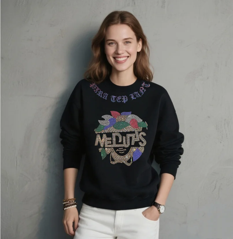 

Luxury Design Women Rhinestones Long Sleeve Pullover Sweatshirt Hot Sale pullover For lady Diamond Sweatshirts Casual Hoodie