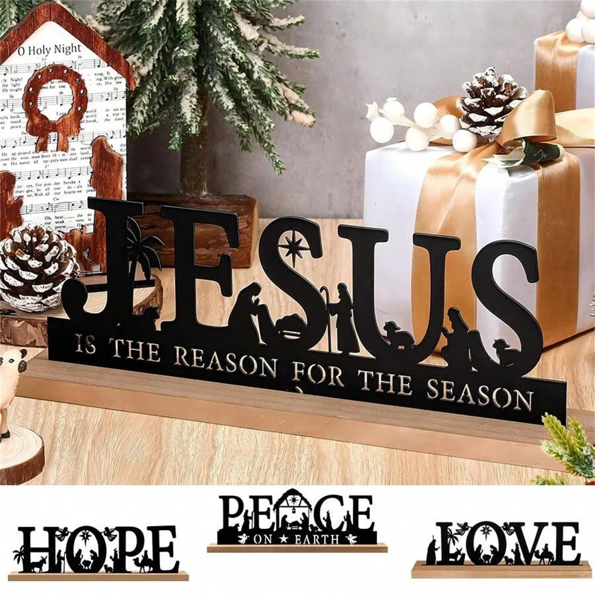 1pc Metal Ornaments for Christmas Decorations Black Metal Nativity Scene with Wooden Base for Home Office Shelf Table Decor
