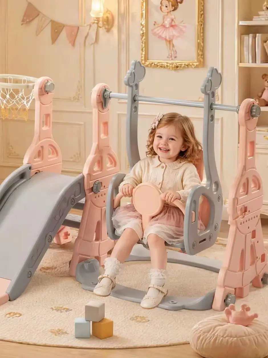 4-in-1 Kinderrutsche, Baby-Spielbereich mit Schaukel und Basketballkorb, Indoor-Outdoor-Aktivitätspark für Kinder von 1–6 Jahren, Spielstruktur mit rutschfesten Stufen, sichere Rutsche, Haus und