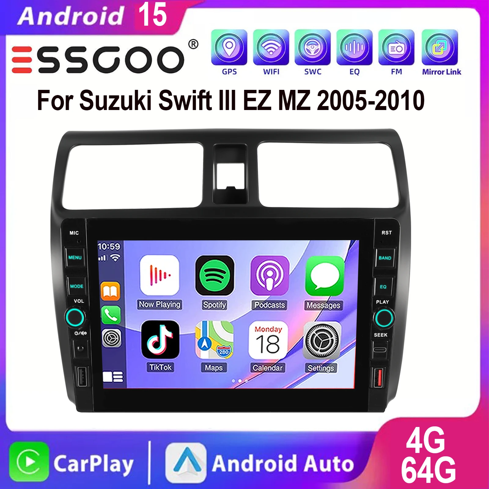 ESSGOO 9 Zoll Doppelknöpfe QLED-Touchscreen-Display Für Suzuki Swift III EZ MZ 2005-2010 Kabellos Carplay Android 15 Autoradio GPS-Navigation WLAN Bluetooth FM RDS ASP Sound USB Mirror link 64GB 128GB