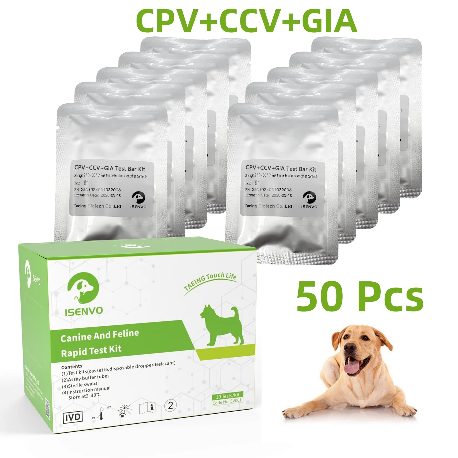 

50 Pcs Canine CPV+CCV+GIA Ag Combined 3-in-1 Rapid PrecisionTest Kit Home Health Test For Dogs Veterinary