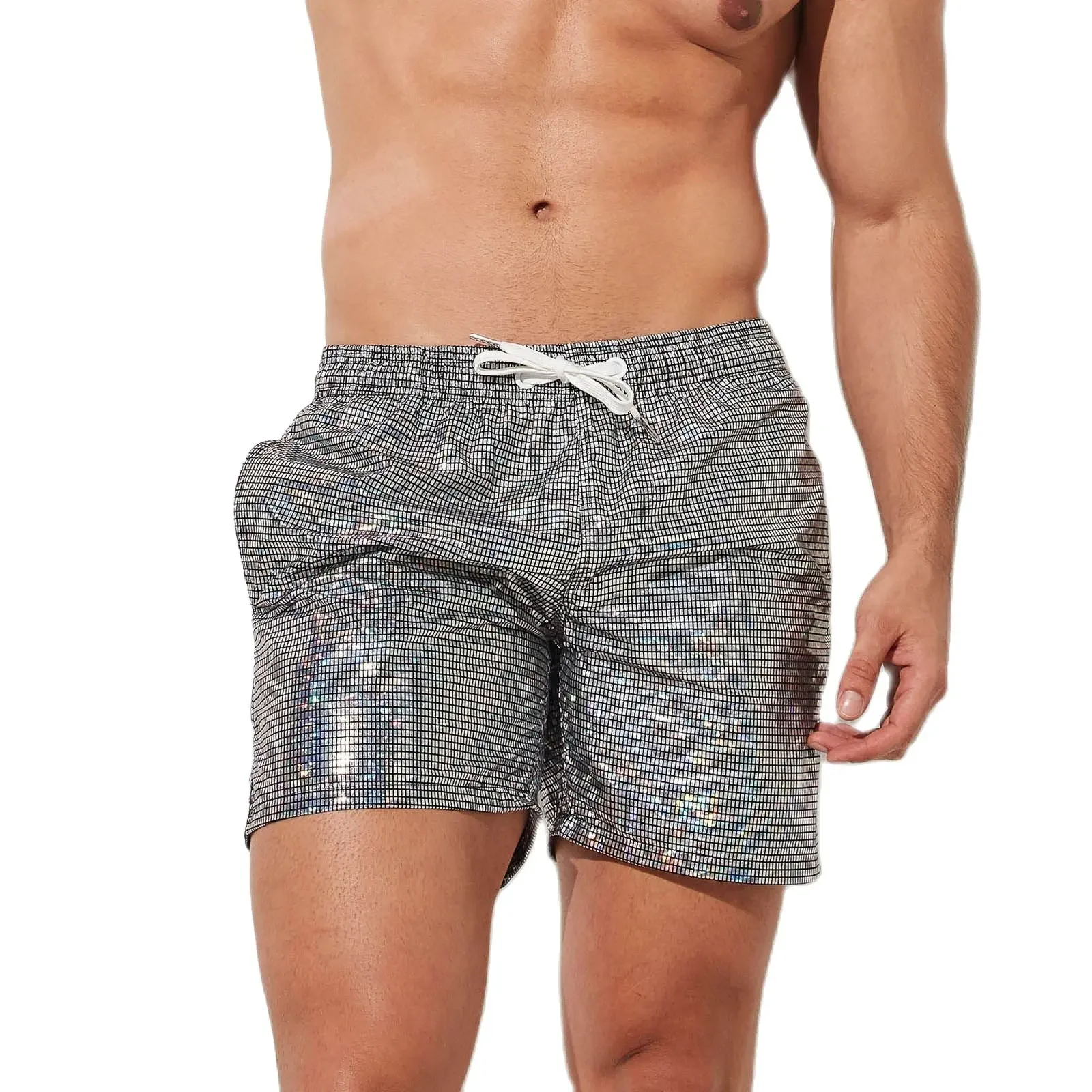 CLEVER-MENMODE Beach Board Bades horts Herren silbernen Glanz Surfen Badehose Boxer Kunstleder Beach