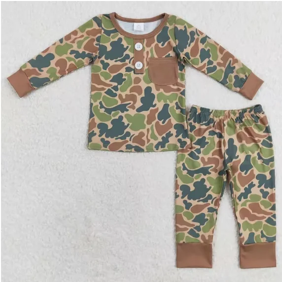 

Hot Sale Baby Boys Pajamas Green Camo Pocket Top Pants Bamboo Pajamas Sleepwear Sets Fall Boutique Toddler Boys Bamboo Pajamas