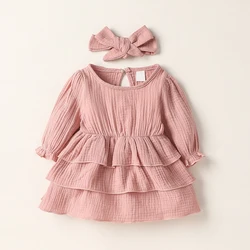 Newborn-6M Baby girl Long Sleeve Pink leisure and simplicity pure color Spring  autumn Princess dress+hair band