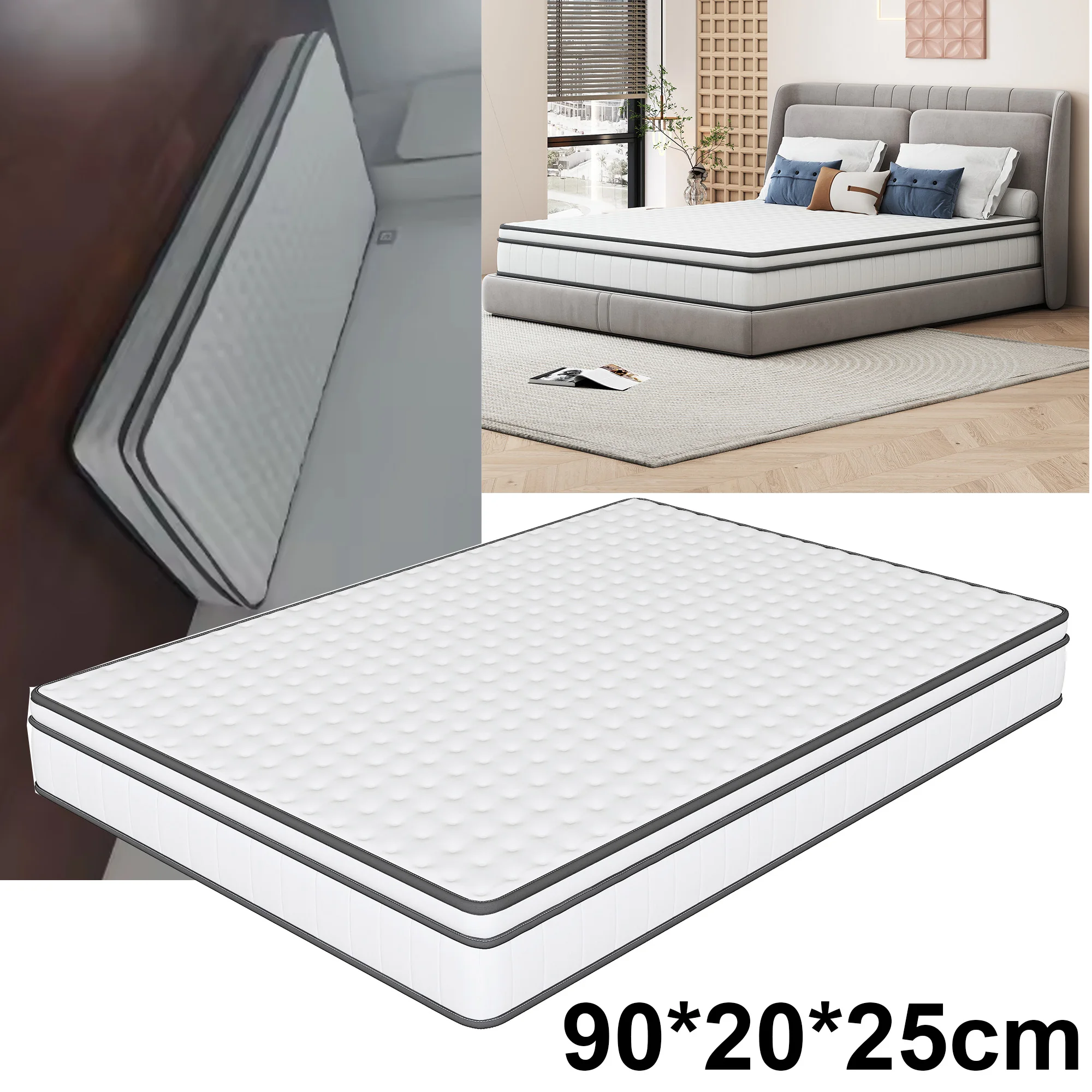 Matelas Superaly 90x200x25cm, matelas à ressorts ensachés, matelas ultra-silencieux de dureté moyenne avec mousse confort, respirant 3D - White+Grey