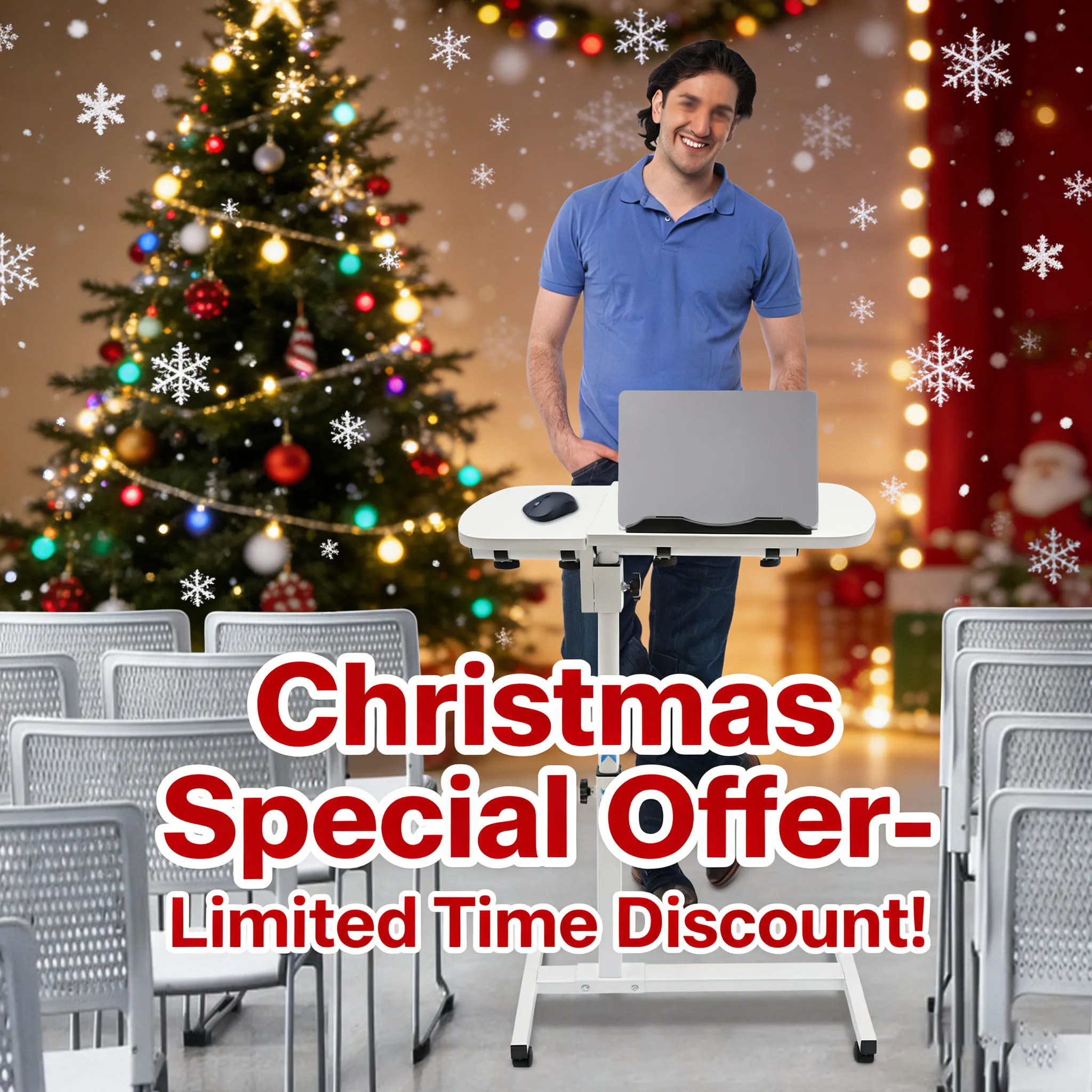 

Mobile Laptop Stand with Tabletop, Adjustable White Laptop Desk Frame 360° Tiltable Dual Surface Computer Stand for Home Office