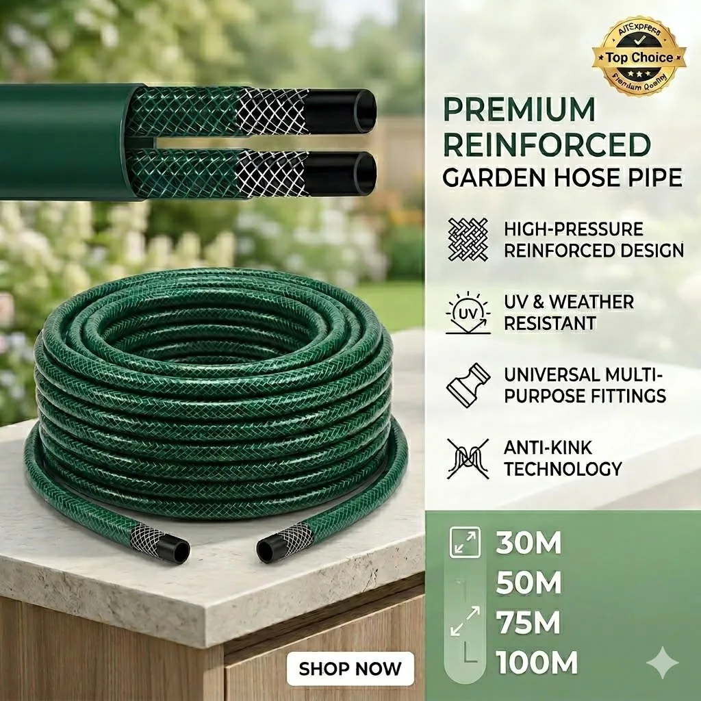 30M 50M 75M 100M Reinforced Garden Hose Pipe with Reel, Braided PVC Heavy Duty Flexible Lightweight Outdoor Watering Hosepipe for Lawn, Plants & Car Wash (Green)