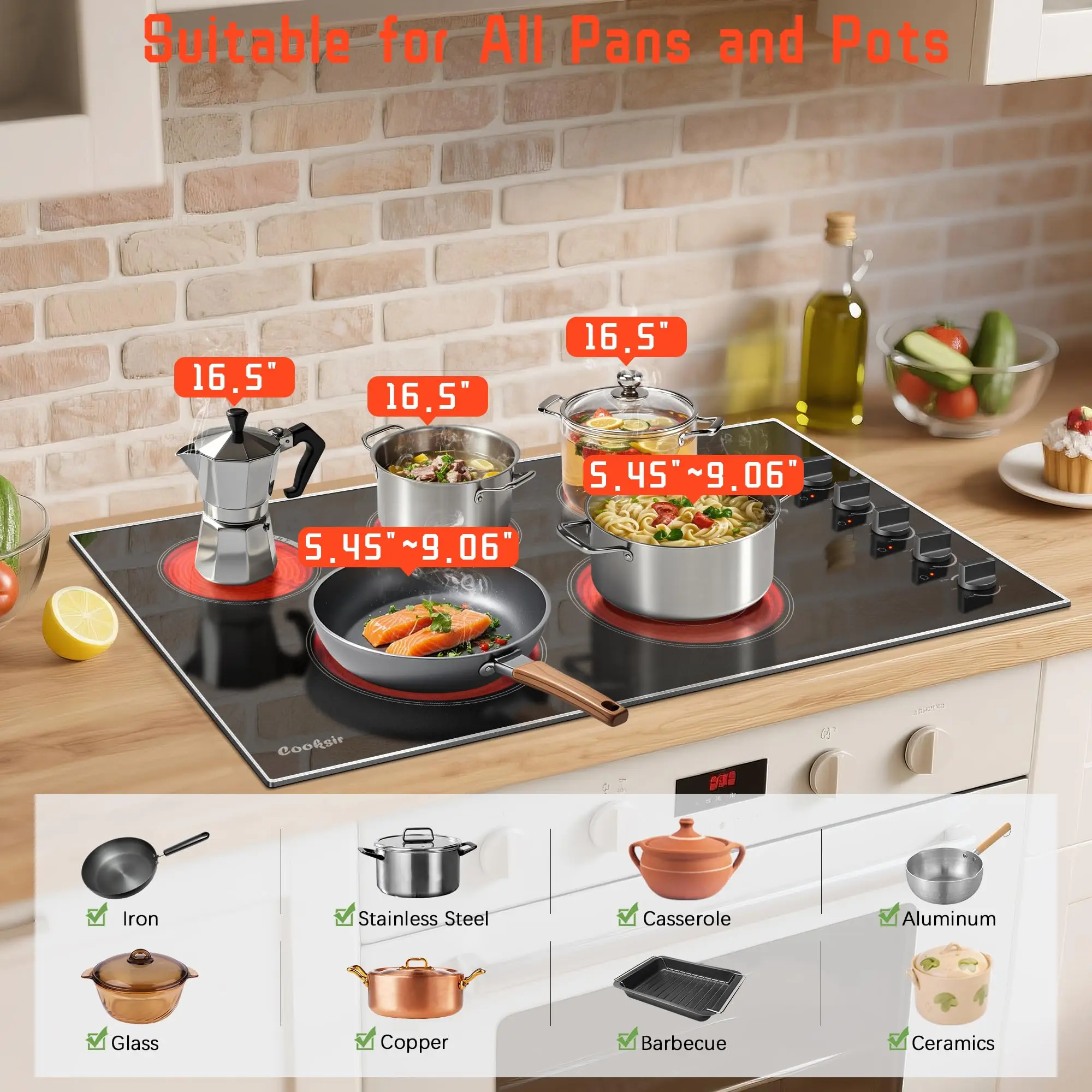 موقد كهربائي 36 بوصة - موقد كهربائي 5 شعلات مع طاقة عالية 8400 وات، تحكم في المقبض، سلكي صلب 220-240 فولت