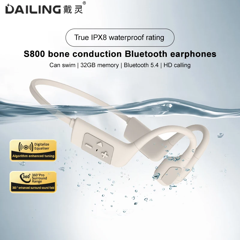 

DaiLing S800 bone conduction headphones noise reduction waterproof memory Bluetooth wireless sports swimming ear-hook IPX8 water