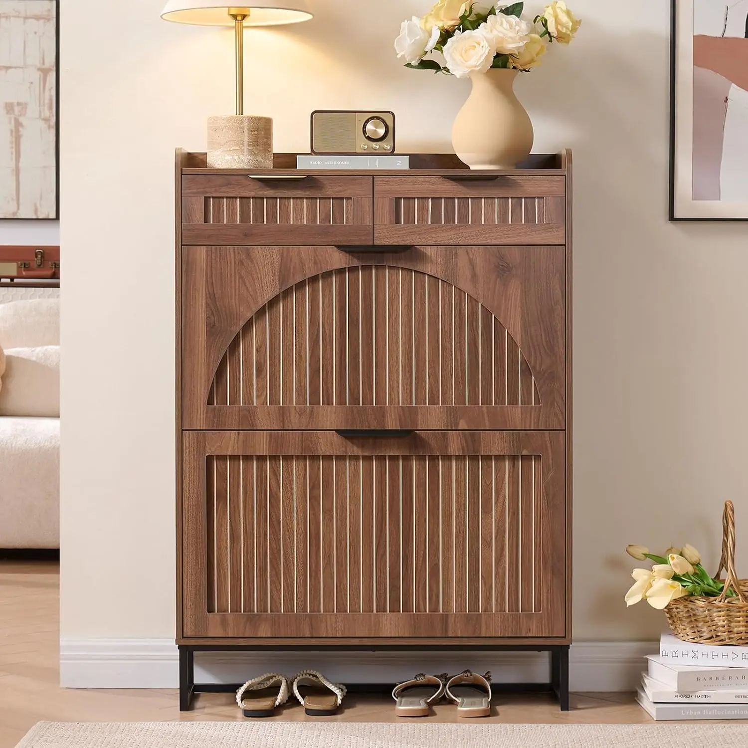 Fluted Fluted Shoe Cabinet Storage for Entryway – Narrow Shoe Rack with 2 Flip Drawers & 2 Storage Drawers, Freestanding Hidden Shoe Organizer for Foyer, Hallway (Walnut) - Aliexpress Deal