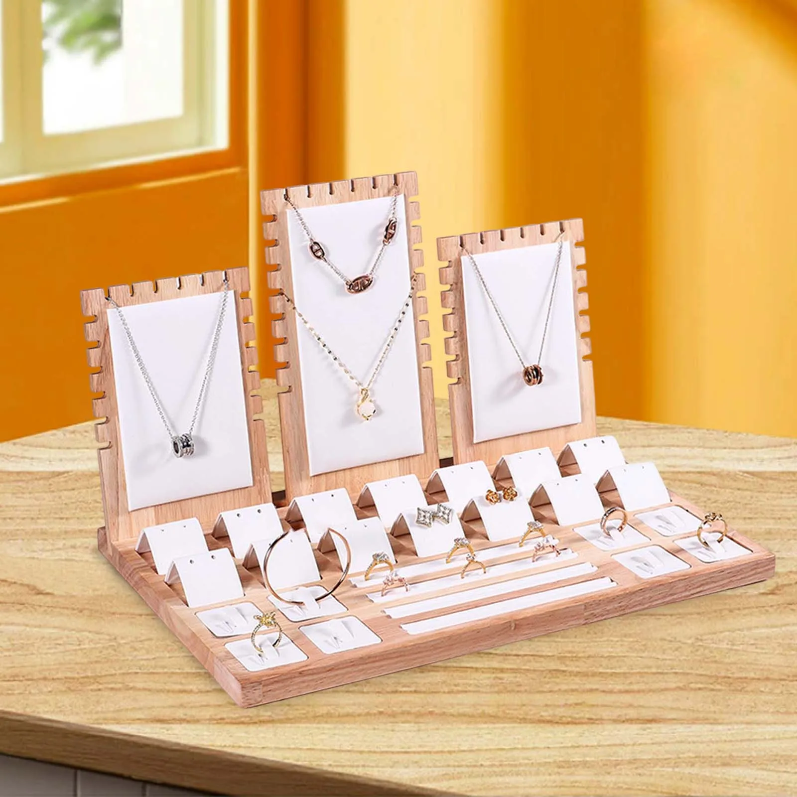 Jewelry Display Stand Bamboo Showcase Large Capacity Storage Jewellery Display Stand for Ear Studs Necklace Bracelet Countertop