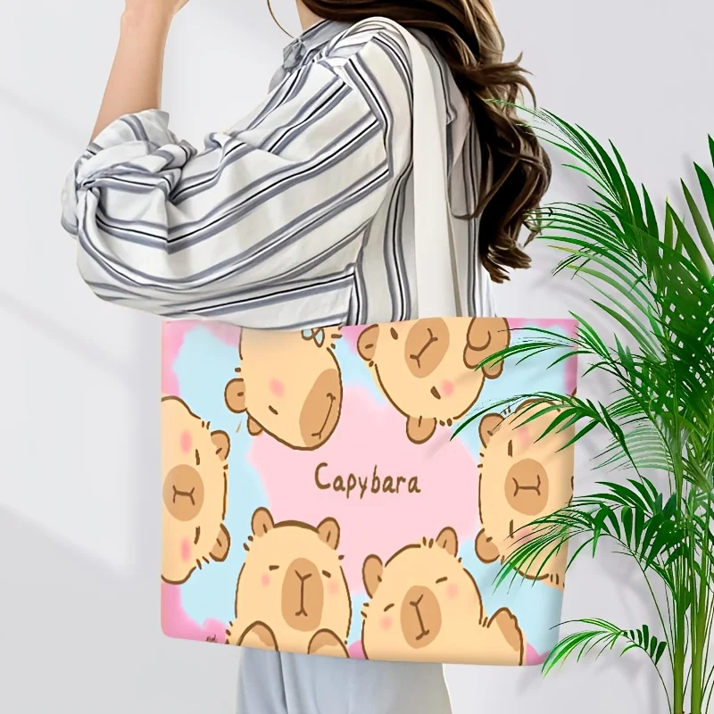 1Pcs Cute Capybara Print Tote Bag Pink Blue Macaron Large Capacity Shoulder Bag for School Commute Daily Gift for Girlfriend