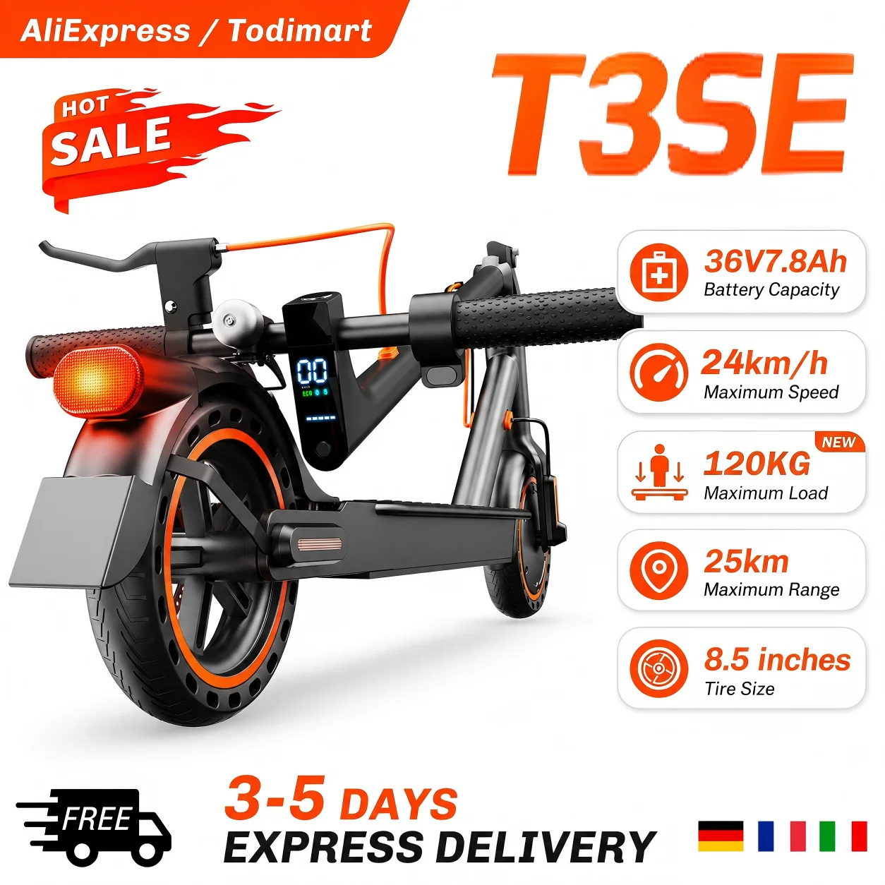 Trottinette Électrique Pliable TODIMART T3 SE pour Adultes, Moteur Sans Balais, Pneu Plein Nid d’Abeille 8,5 Pouces, Écran LED Intelligent, Double Sys
