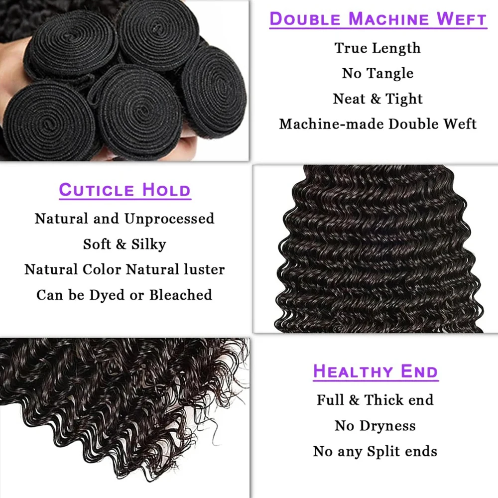 Human Hair Bundles 14-22Inch Deep Wave 1 Bundles Human Hair 100% Unprocessed Virgin Remy Wavy Bundles Hair Weft Extensions 1B#