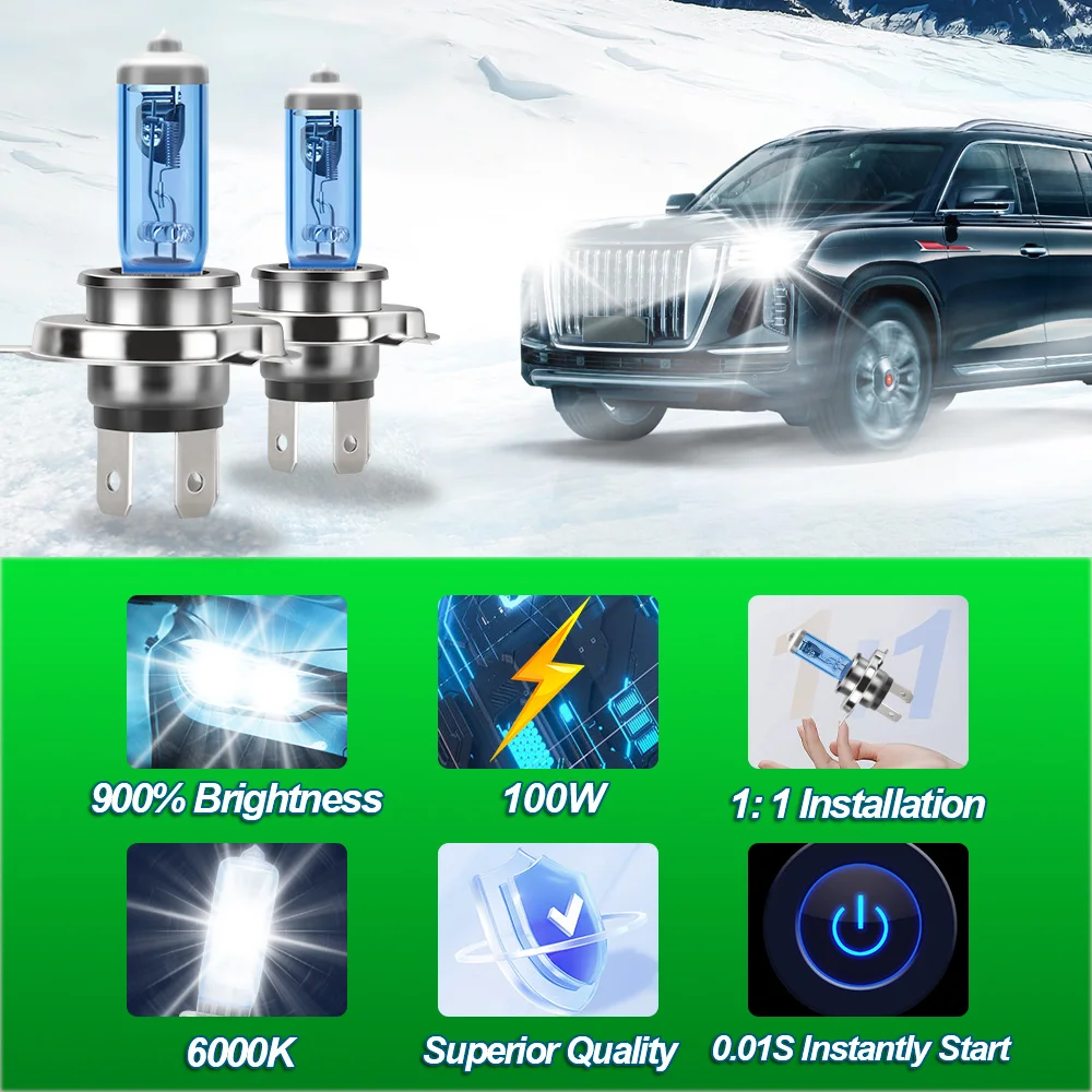 H7 H4 H1 H11 9005 9006 Halogen Headlight 9012 880 9145 H13 9007 5202 Car Light Hi/Lo Beam 6000K 12V 100W Super White Bulb 2PCS