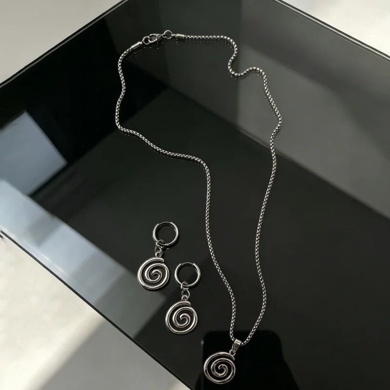 2Pcs Y2K Spiral Vortex Jewelry Set, Silver Spiral Pendant Necklace and Earrings, Unisex Punk Aesthetic Jewelry