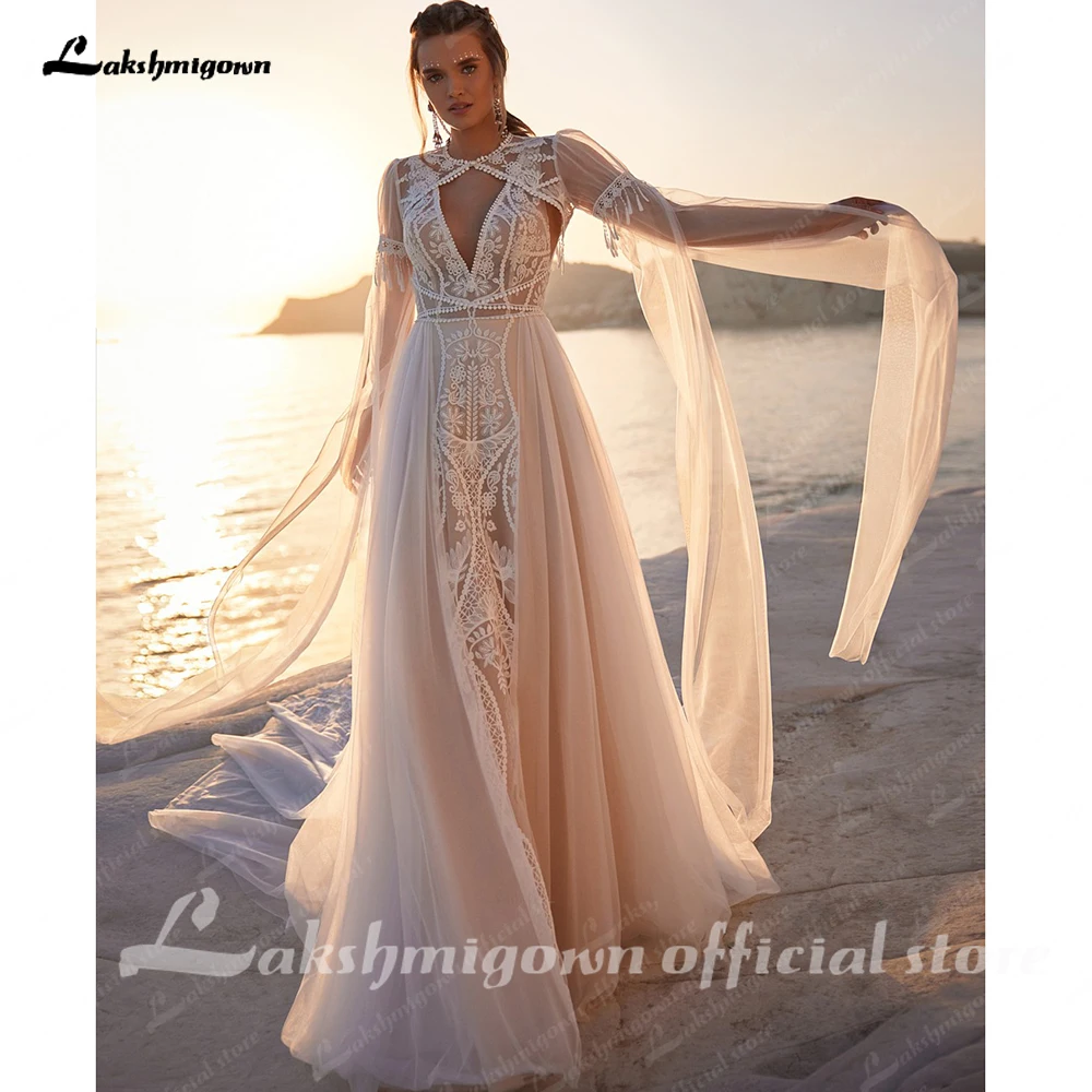

Roycebridal Кружевные аппликации с длинными рукавами и высоким воротом Свадебные платья 2025 Трапеция со шлейфом Пляжные свадебные платья по индивидуальному заказу