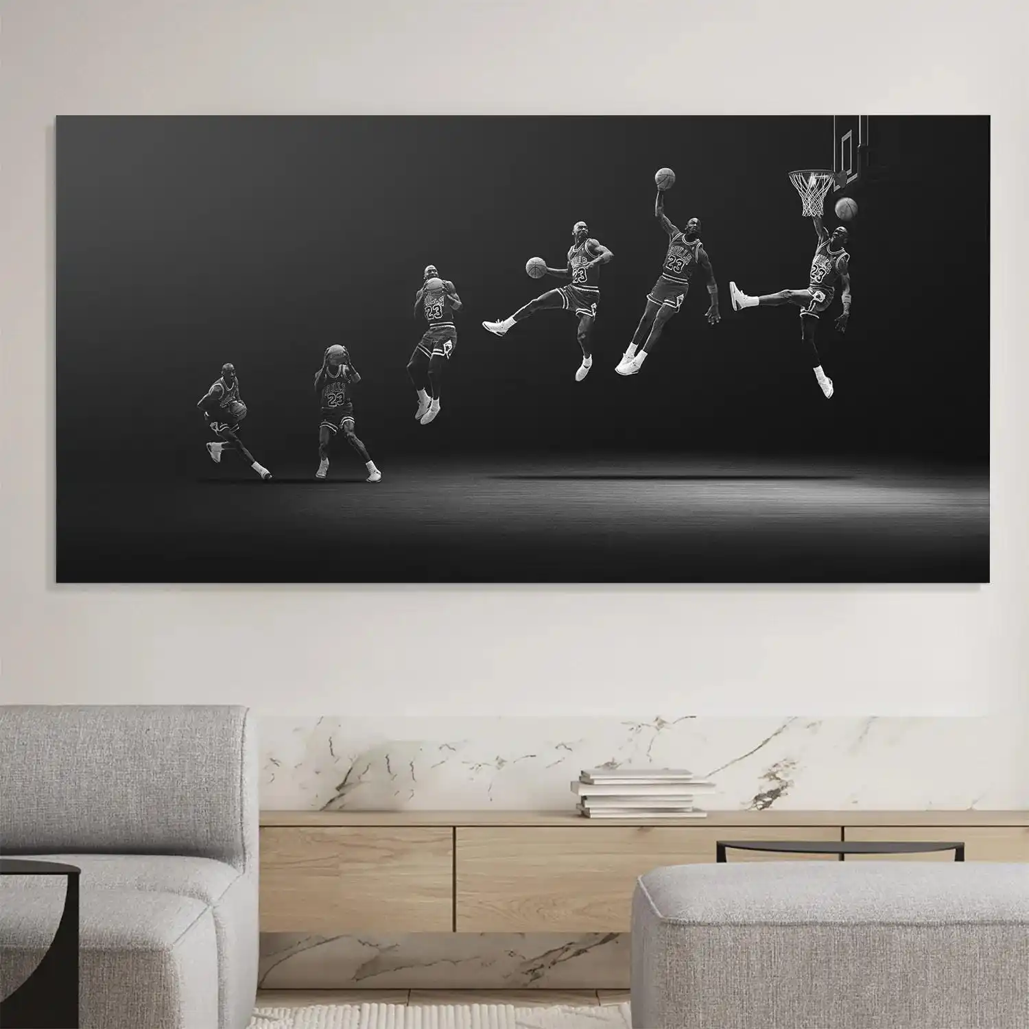 Basketball Legend 23 Slam Dunk Sequence Canvas Mural NBA Black and White Goat Athlete Poster Modern Gym Decoration