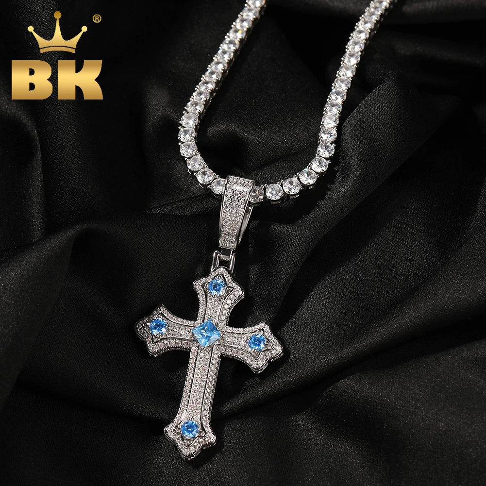 

THE BLING KING Gothic Vintage Style Cross Pendant Iced Out Blue Pink Purple Cubic Zirconia Necklace Hiphop Punk Jewelry