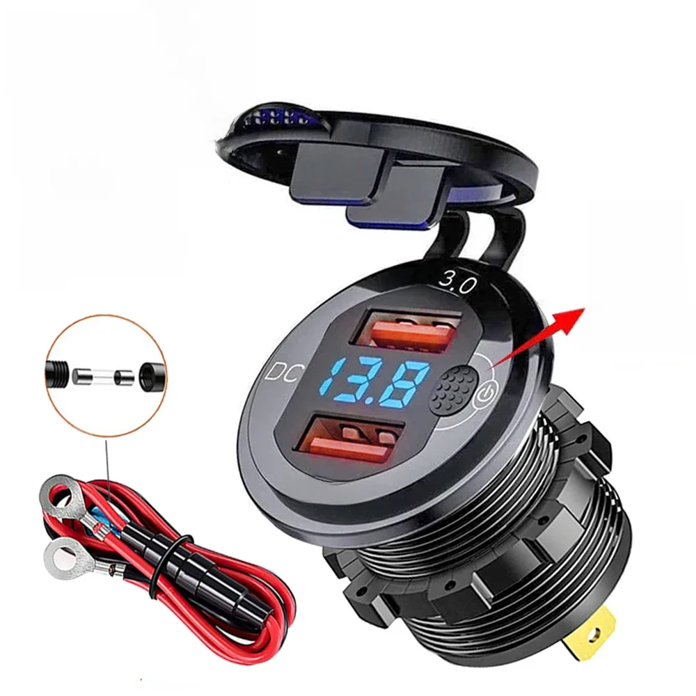 Double chargeur de voiture QC3.0, prise allume-cigare, étanche, USB, Charge rapide avec interrupteur de voltmètre, adaptateur de Charge rapide 12/24V