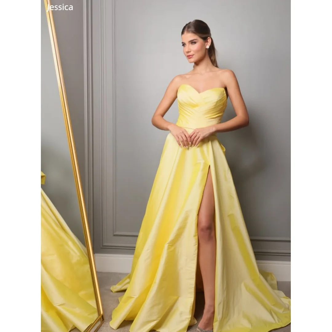 

Jessica Formal Occasions Evening Dresses Yellow Pleated Taffeta Prom Dresses A-Line, Off-Shoulder, Side-Slit Party Dresses
