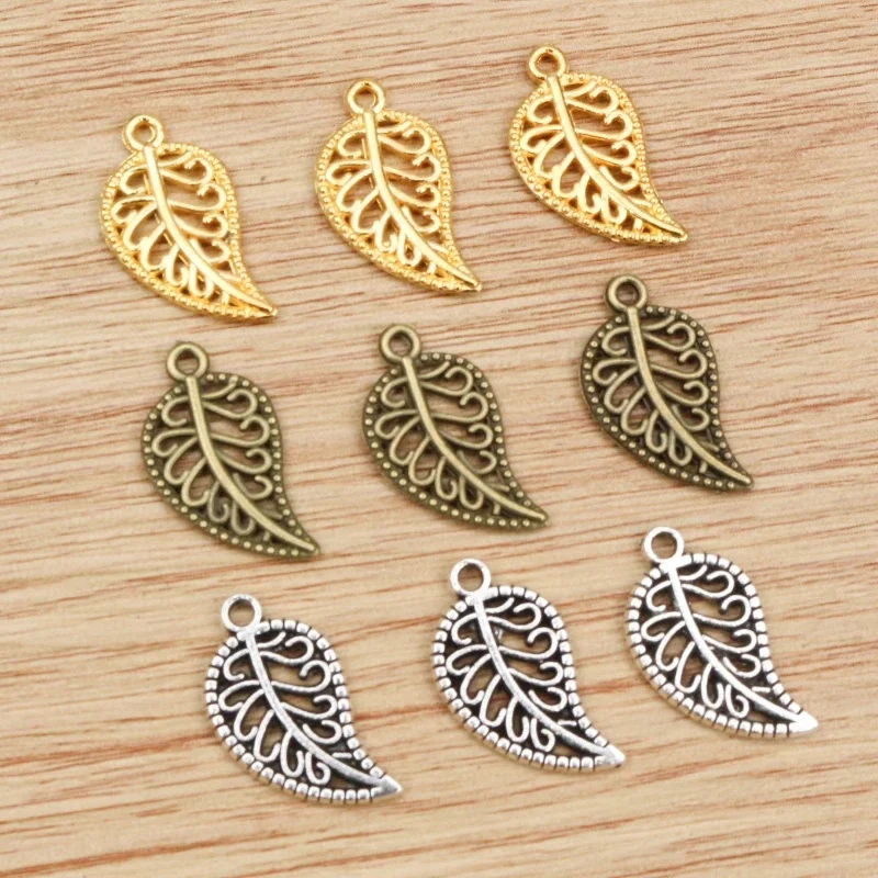 40 sztuk 19x10mm antyczne srebro kolor i brązu złote kolory pozłacane liść styl ręcznie robiony wisiorek: DIY dla bransoletka naszyjnik — zdjęcie 2
