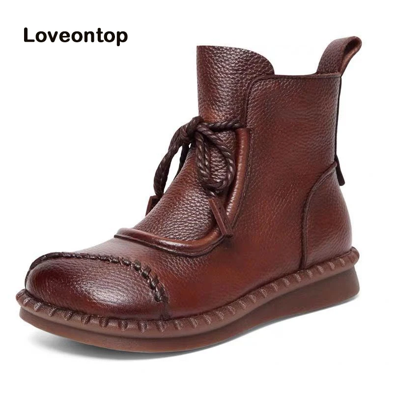 Loveontop Women's Boots Spring Autumn New Retro Non-Slip Soft Bottom Flat Shoes Comfortable Soft Cowhide Ankle Boots