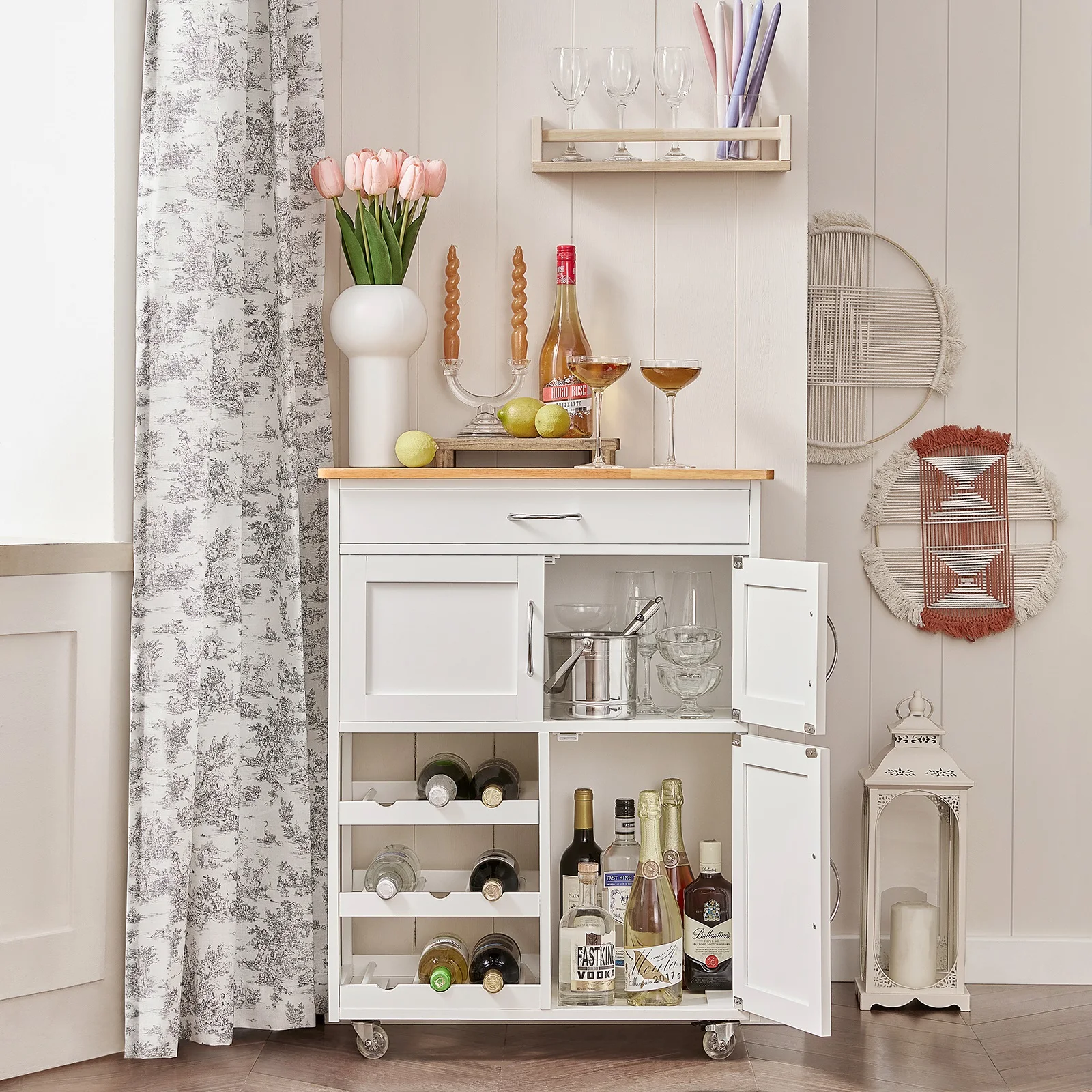 SoBuy FKW45 carrito para servir botellas, carrito de cocina con rayos, isla de cocina, cocina independiente, sala de estar, comedor