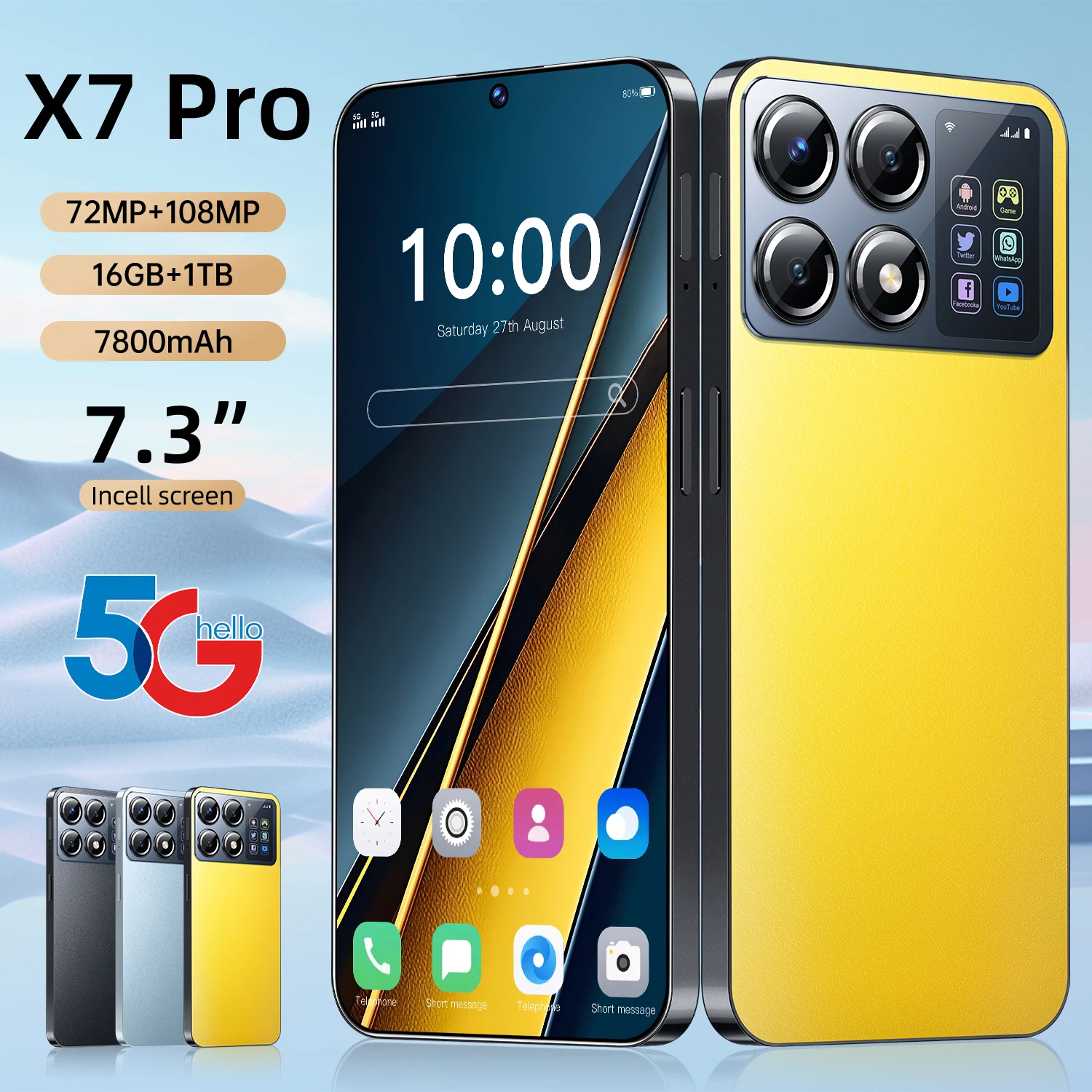 2024 New X7 Pro Smartphone 7.3 inch Full Screen 4G/5G Cell Phone 16TB+1TB 7800mAh Mobile Phones 108MP Global Version Celulares