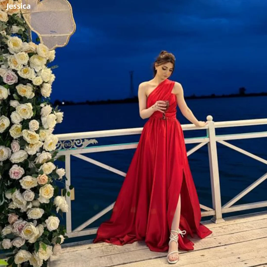 

Jessica Sweet Red Evening Dresses Sexy one Shoulder Side Slit Satin Prom Dresses A-Shape Lady Wedding Party Dresses Customized