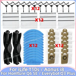 Compatível com peças de reposição para aspirador robô (iLife T10s / Aonus i8 / Honiture Q6 SE / Everybot Q3 Plus) - rolo principal, escova lateral, filtro HEPA, pano de esfregão, saco de pó, acessórios