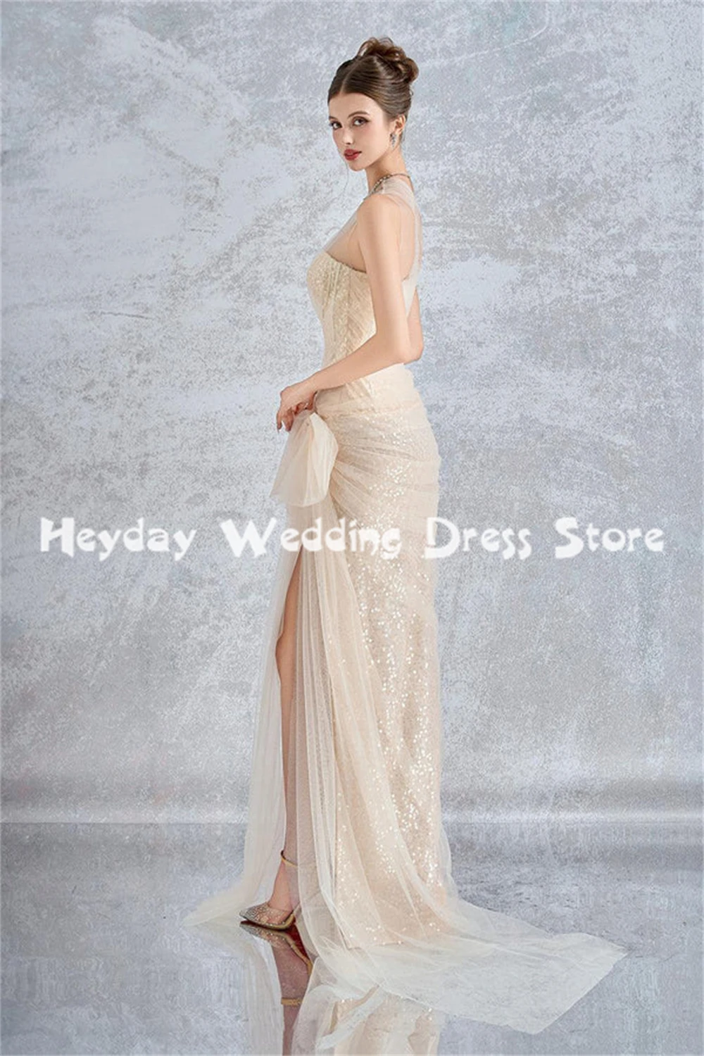 Heyday Abiti da sera senza spalline a sirena scintillante da donna senza maniche con pieghe in tulle Abiti eleganti formali lunghi fino al pavimento 2025