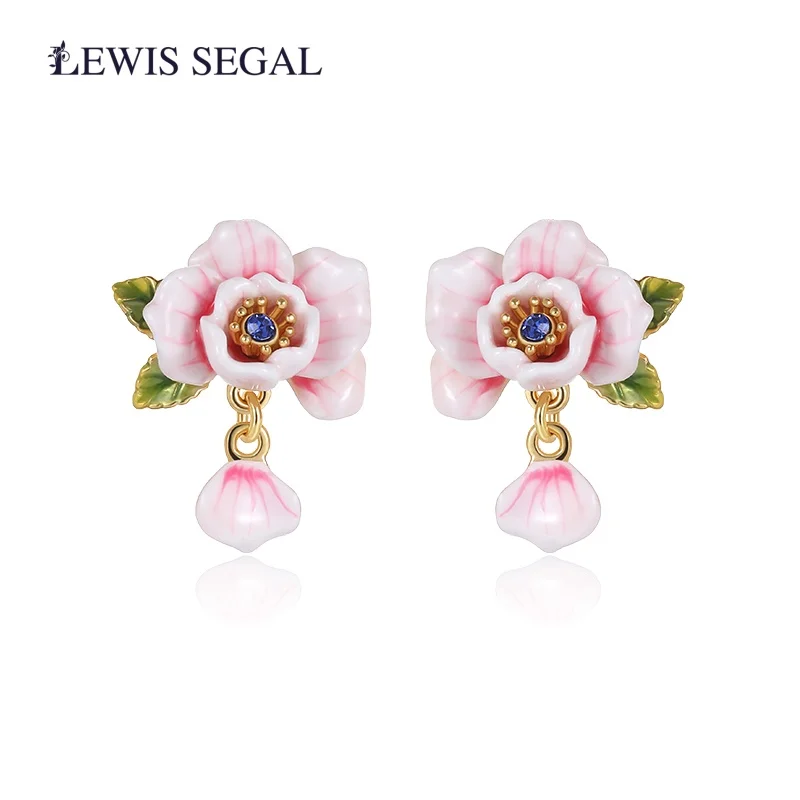 

LEWIS SEGAL Cute Romatic Drop Earrings Hand-painted Enamel Pale Pink Rose Flower for Girls Women 18K Gold Luxury Wedding Jewelry