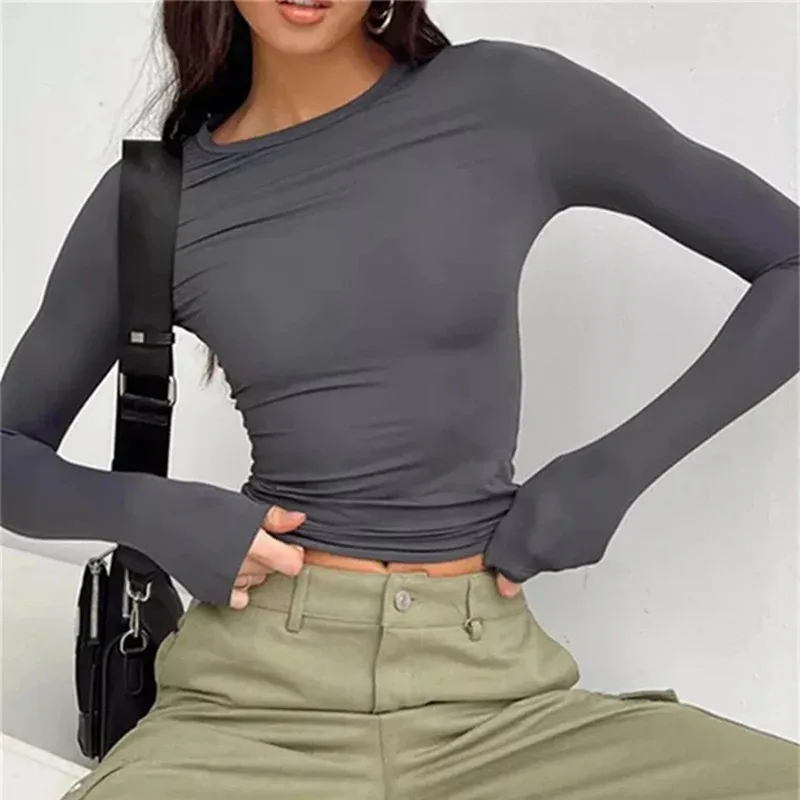 

Y2k Top Crop Women Long Sleeve T Shirt O Neck Slim Fit Pullovers Solid Basic Tee Autumn Winter Female Streetwear Casual Base Top