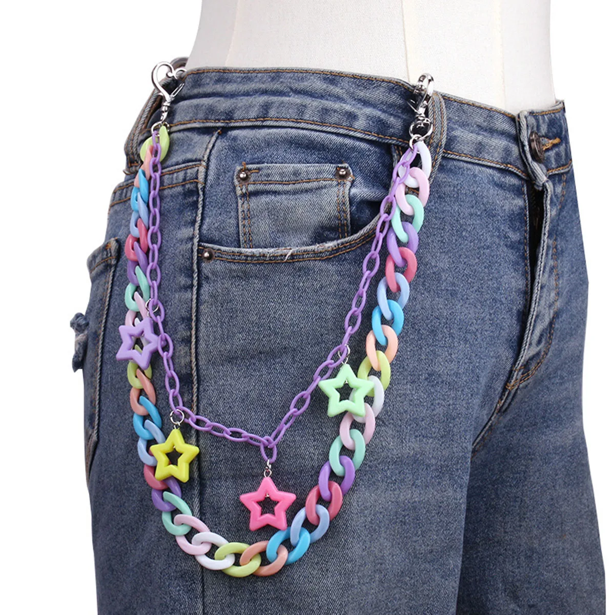 Acrylic pentagram pendant, colorful bell lollipop heart-shaped style, disco cool girl hip-hop waist chain, colorful pants chain