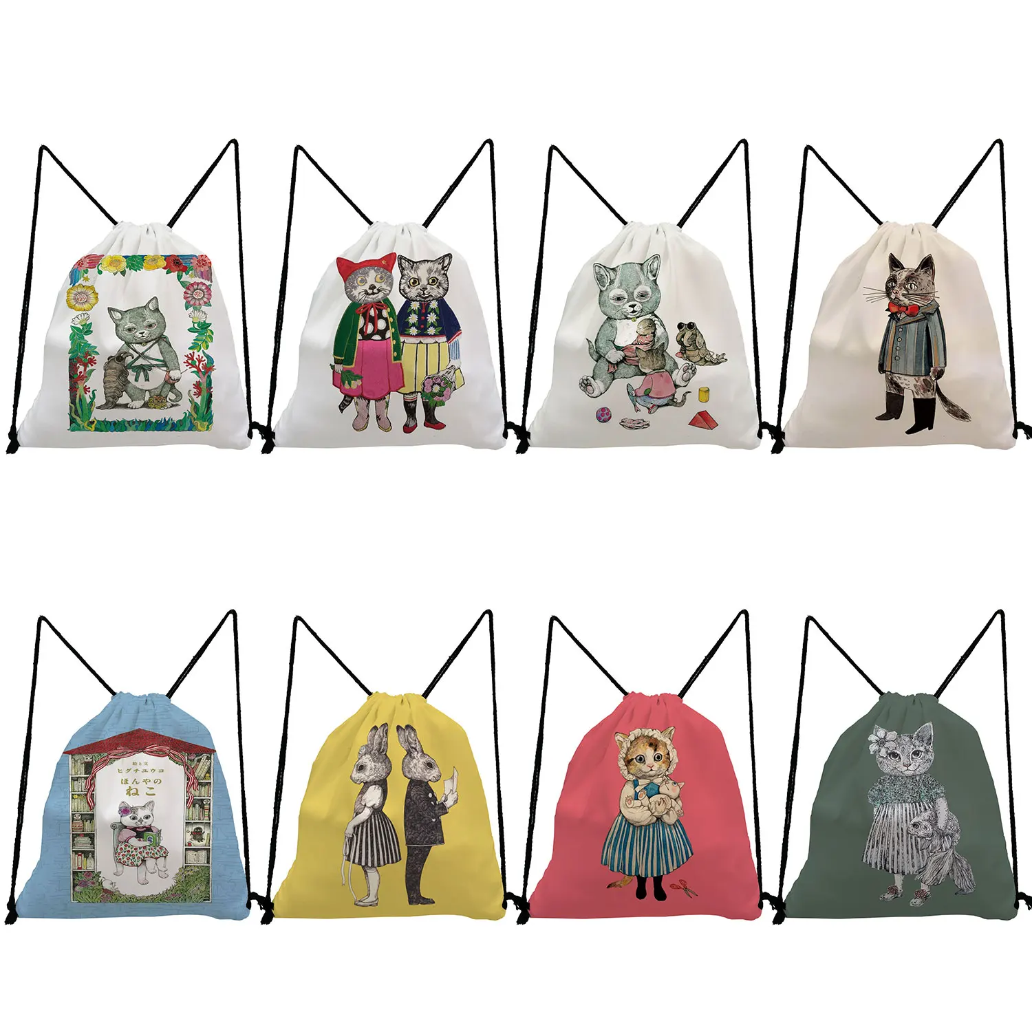 High Quality Travel Japanese Style Backpack for Students Illustration Cat Girl Print Gift Softback Bag Fashion Drawstring Pocket