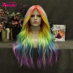 Imstyle Rainbow Synthetic Lace Front Wig Colorful Lace Wigs Ombre Wig For Women Long Wavy Wigs Cosplay Party Heat Resistant