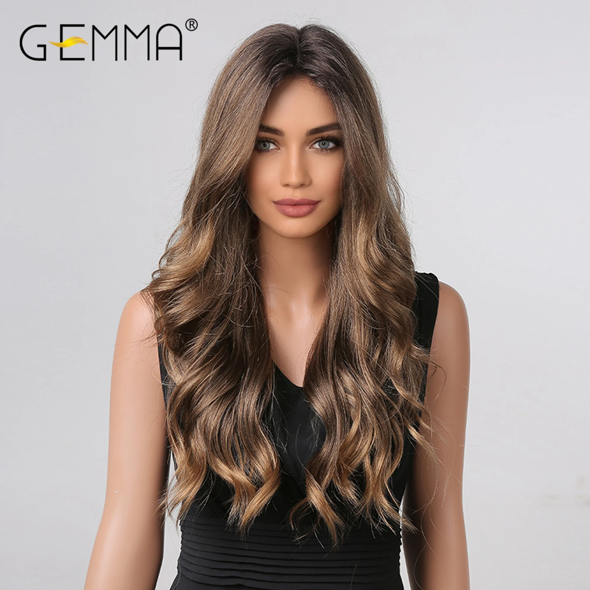 GEMMA طويل موجة أنثى شعر مستعار اصطناعي كستنائي براون شعر أشقر الباروكات للنساء السود تأثيري الباروكات اليومية ألياف مقاومة للحرارة