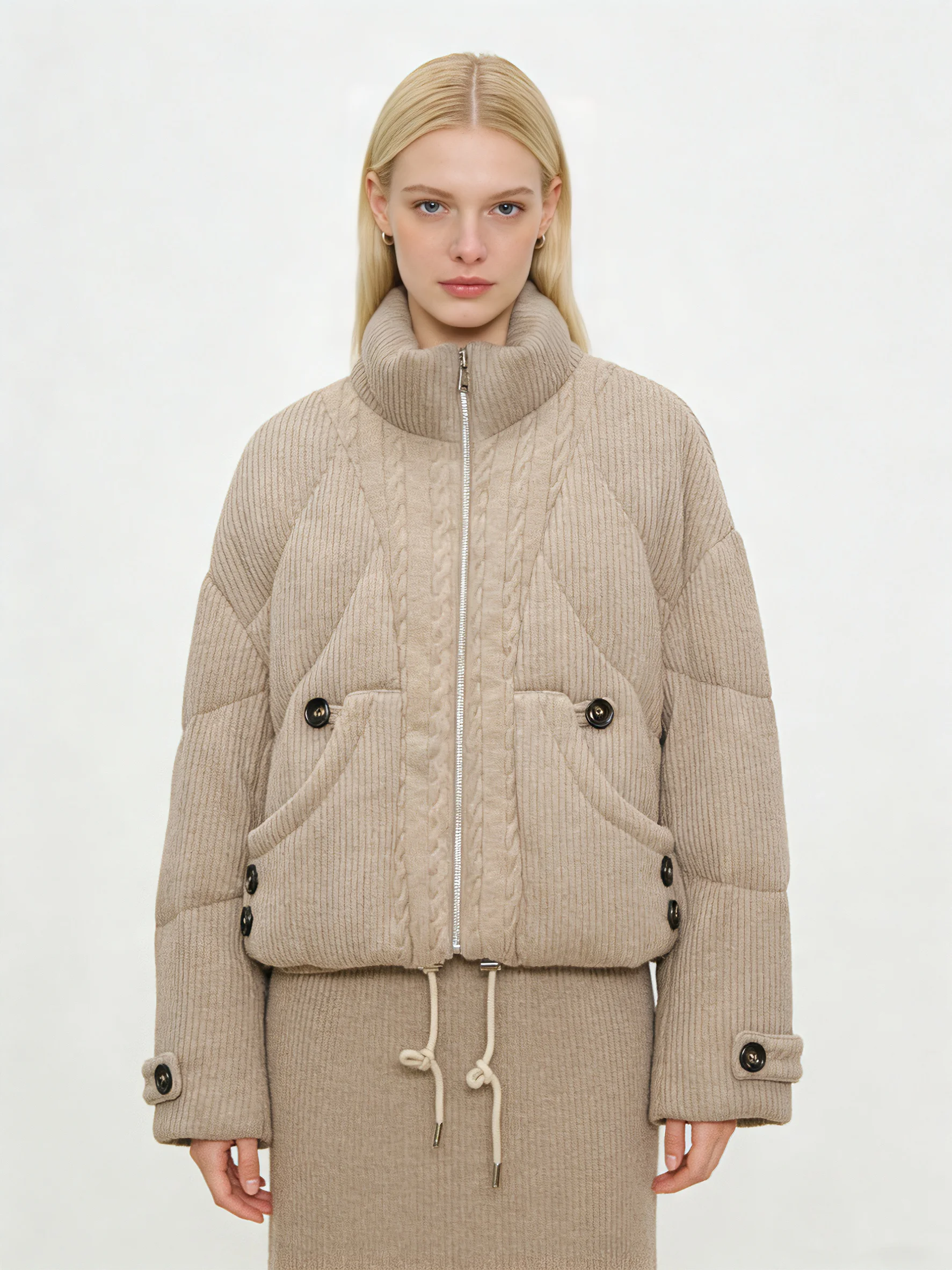 Chaqueta acolchada de punto de color caqui y cachemira para mujer, abrigo acolchado con estampado de diamantes y cremallera recortado de plumón de ganso blanco 90%