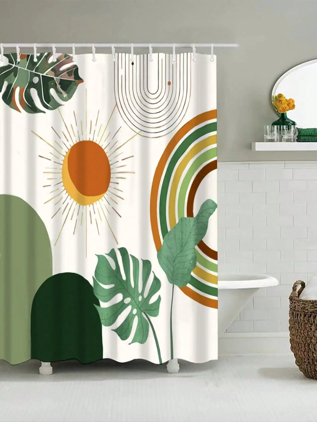 1 pack bohemian green plant pattern polyester material shower curtain tarpaulin bathroom thickeneded mildew-proof partition curtain bathroom