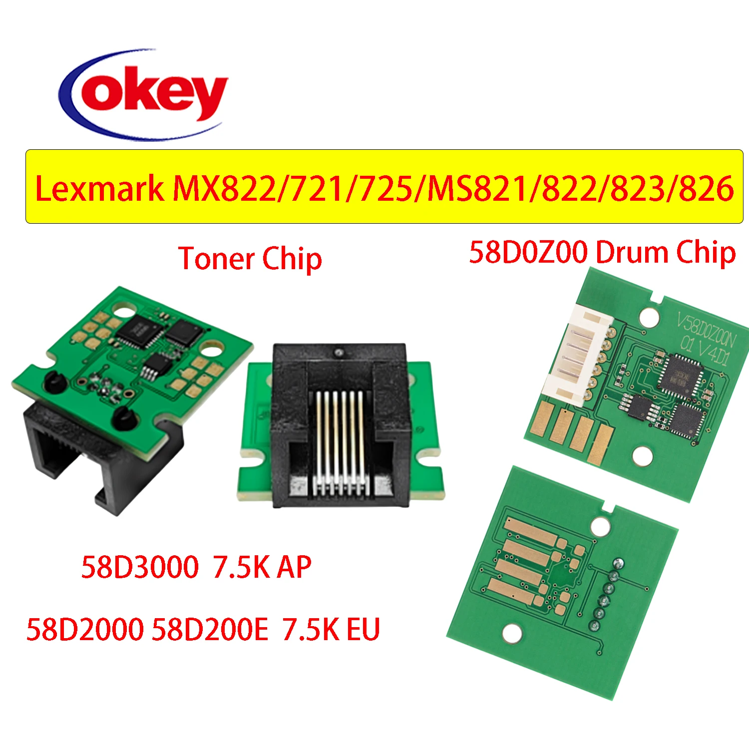 7.5K 15K 35K 55K 58D2000 58D4H00 MS821 Toner Chip for Lexmark