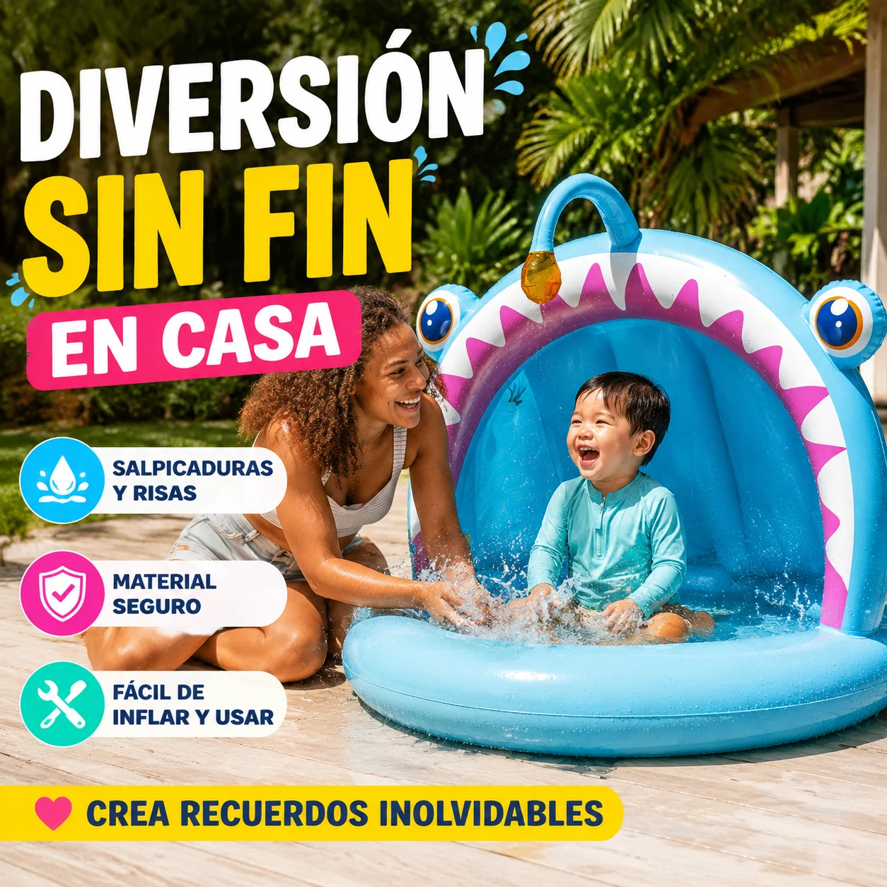 Piscine gonflable pour enfants en forme de requin 127X102X86Cm, protection solaire intégrée, capacité de 45L, PVC sans BPA, base rembourrée antichoc, facile à gonfler et à vidanger, idéale pour les bébés et les enfants dans le jardin, la terrasse et la plage, divertissement sûr et agréable en été.