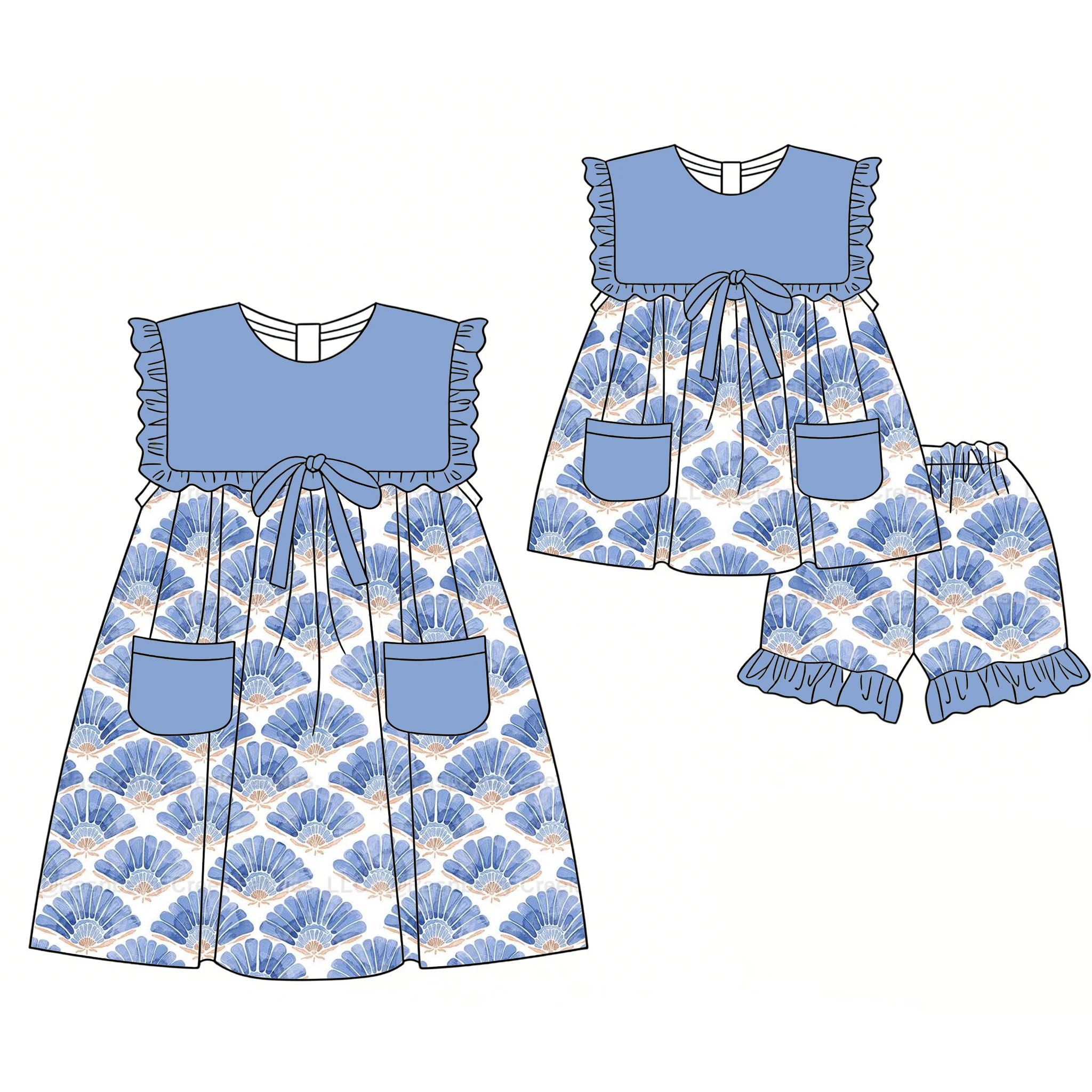 New Boutique Children's Set Girls' Sleeveless Ruffled Set Bow Decoration and Pockets Bow Fan Prints Matching Dress Baby Grils