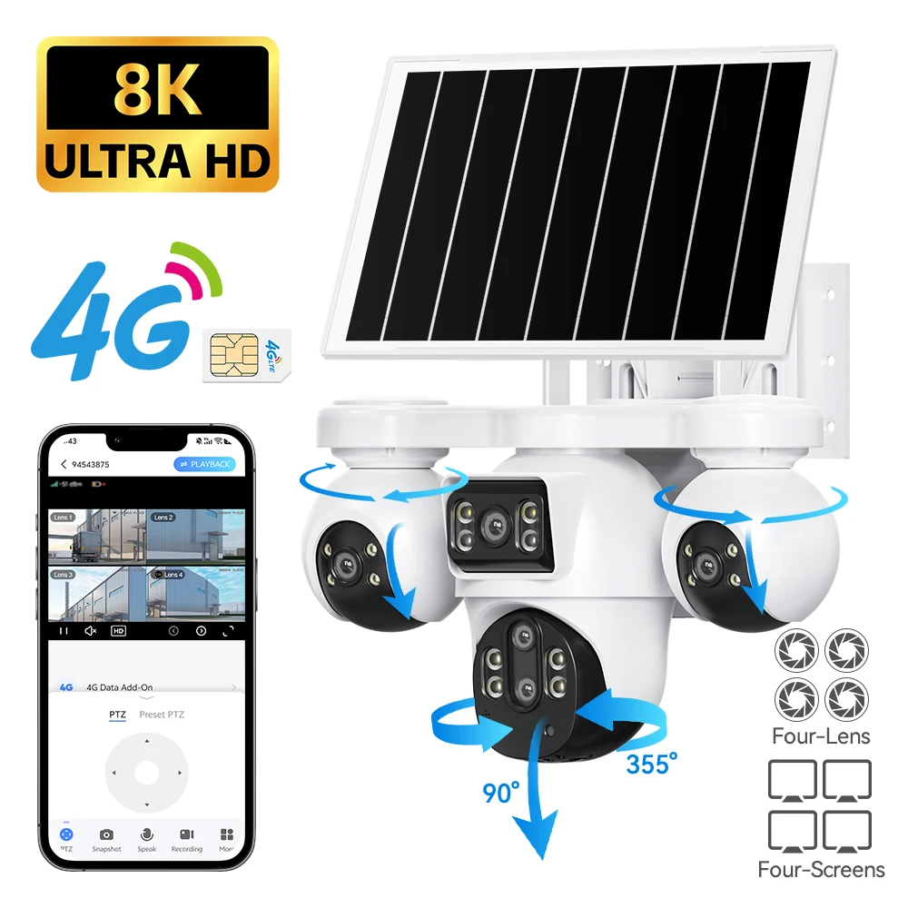 V380MAX 8MP 4G Solar PTZ Camera Outdoor 4 Screens 10X Optical Zoom Auto Tracking CCTV Security Camera