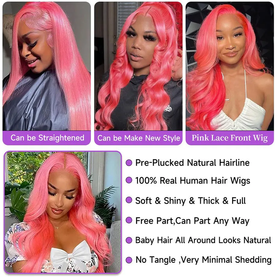 Pink Lace Front Wigs Human Hair Body Wave 13x6 HD Lace Frontal Wig Brazilian Colored Human Hair Wigs 100% 13x4 Loose Wave Wigs