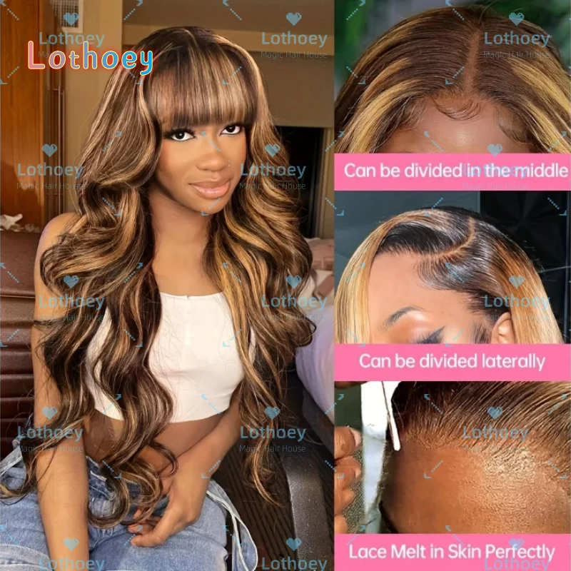 Бесклеевой парик из натуральных волос с объемной волной и челкой # 427 Медовый блонд с эффектом омбре, легко устанавливаемый естественный вид для женщин